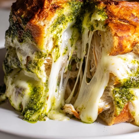 A close-up of the golden-brown Mozzarella Pesto Chicken Grilled Cheese, showing melted cheese and shredded chicken peeking from the crispy sourdough crust.