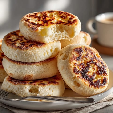 Crisp, craggy exterior of homemade sourdough English muffins, perfect for a satisfying breakfast.