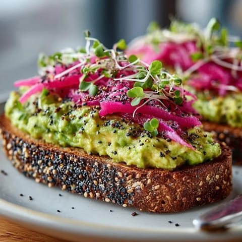 A close-up view: toasted bread with fresh avocado, finished with everything bagel seasoning.