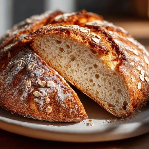 A beautiful shot of a homemade Honey Oat No-Knead Artisan Bread, ready to be sliced and enjoyed warm.