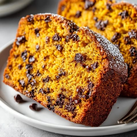 Golden-brown Pumpkin Chocolate Chip Loaf with dark chocolate chips, straight from the oven.