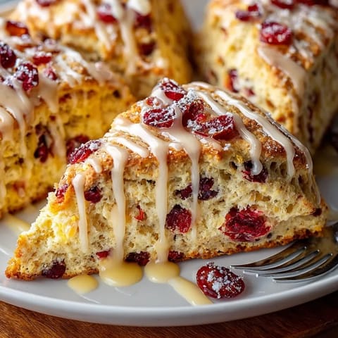 A close-up shows the texture of fluffy Cranberry Orange Scones, drizzled with sweet orange glaze, ready to eat.