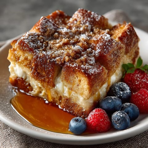 This Overnight French Toast Casserole shows baked bread with a crispy crust, perfect for brunch or a holiday.