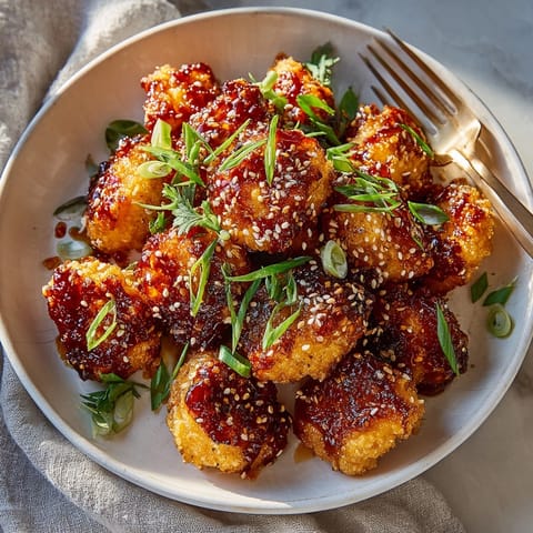 A close-up of the flavorful Spicy Korean Chicken Popcorn Nuggets, garnished with sesame seeds and green onions.
