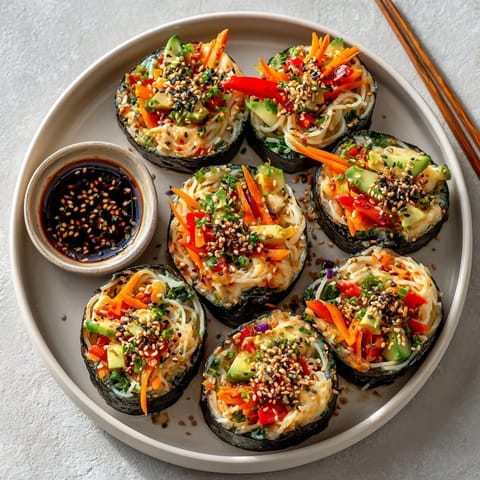 Fresh Pasta Sushi Rolls wrapped in nori, ready to be sliced and served with dipping sauce.