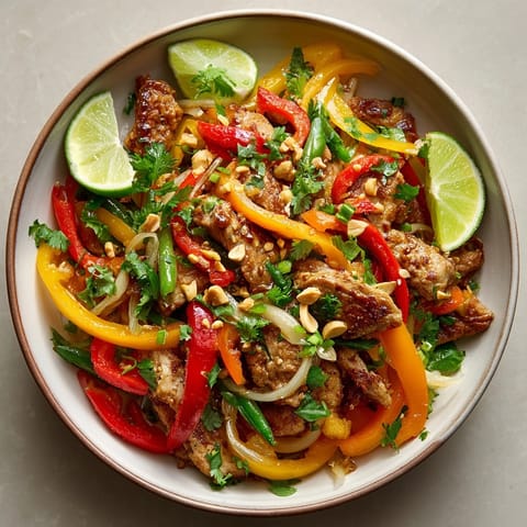 Close-up of Thai Peanut Chicken Stir-Fry garnished with fresh cilantro, lime wedges, and chopped peanuts.