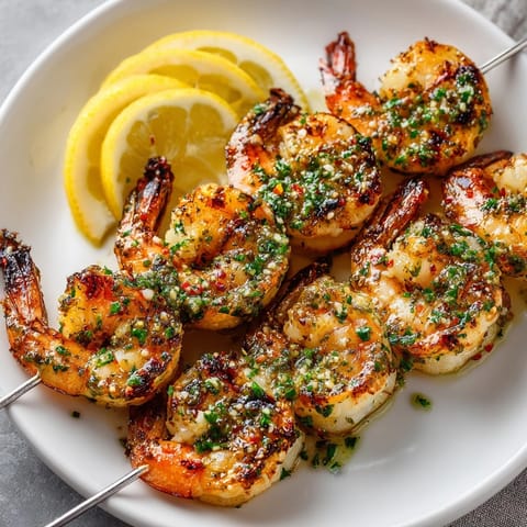 Close-up of juicy garlic butter shrimp skewers served with fresh lemon wedges and parsley garnish.