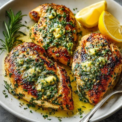 Homemade garlic herb butter chicken baked golden, resting in a fragrant, buttery sauce.