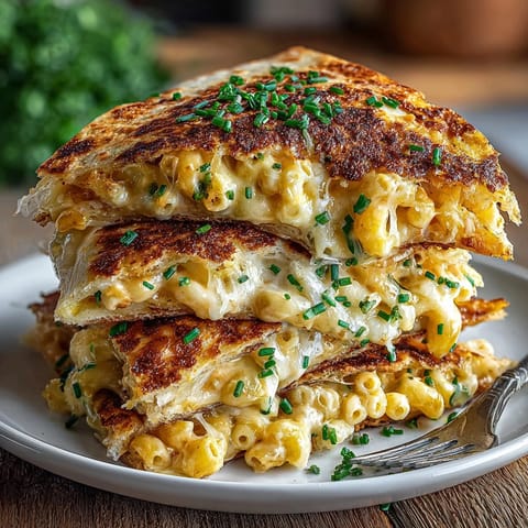 Freshly cooked mac and cheese quesadillas served hot, garnished with chives and a side of salsa.