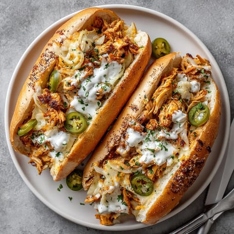 Close-up of Buffalo Chicken Cheesesteak in a toasted hoagie roll, topped with jalapeños and ranch drizzle.