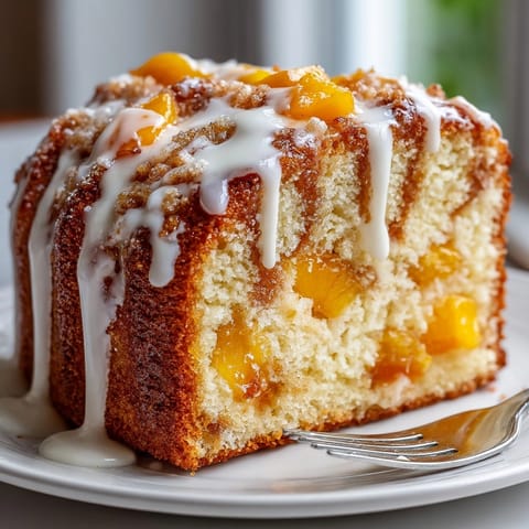 Freshly baked Peach Cobbler Pound Cake with buttery crumb, spiced aroma, and sweet peach chunks.