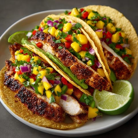 Warm tortillas filled with savory Mango Salsa Chicken Tacos; a bright and flavorful dinner.