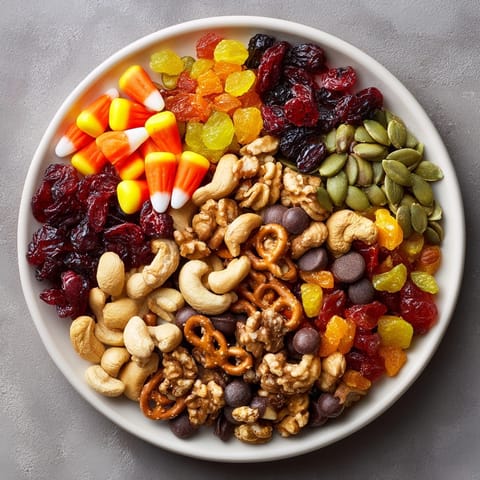 Festive Trick-or-Treat Trail Mix ingredients: a delightful blend of textures and fall flavors.