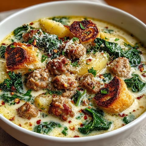 Savor a bowl of homemade Quick Zuppa Toscana: potatoes, sausage, and creamy broth.