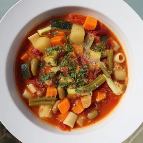 Close-up of homemade Minestrone Soup, showcasing colorful veggies and herbs, ready to enjoy.
