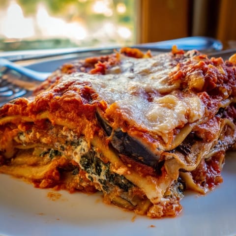Close-up of rich, layered Cheesy Ricotta Eggplant Lasagna, the Italian-inspired vegetarian main course.