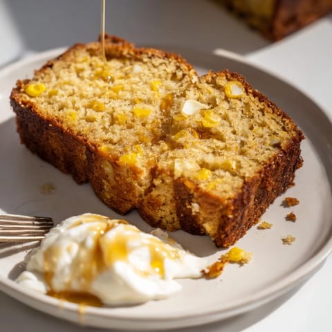 Deliciously fragrant Maple Bourbon Sweet Corn Pancake Loaf served warm with whipped cream.  