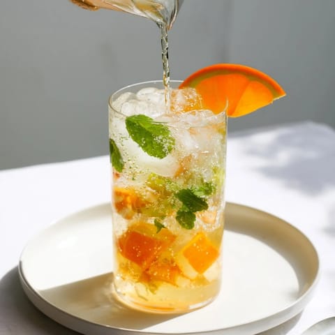 Sparkling probiotic soda mocktail in a glass, perfect for summer gatherings.  