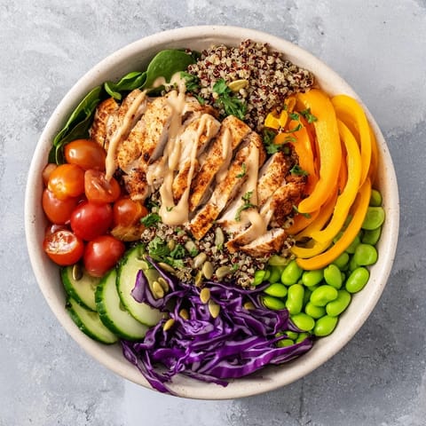 Vibrant healthy meal-prep bowls layered with nutritious grains and colorful toppings.  