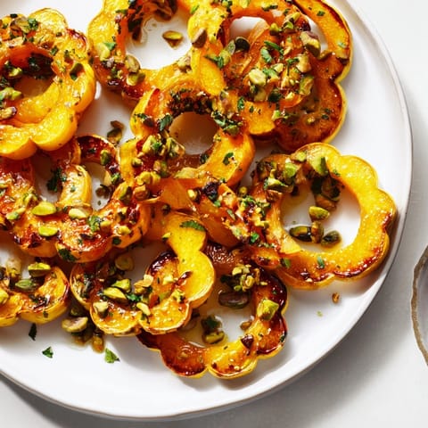Tender, roasted delicata squash rings, sweet maple flavor, with crunchy pistachios—a delightful side dish.