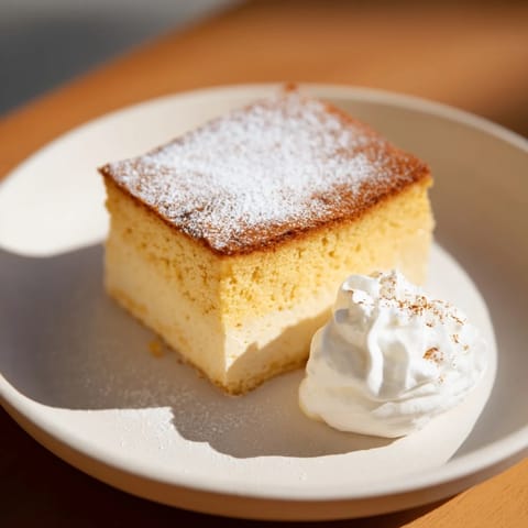 Golden square of Simplified Pumpkin Magic Cake, dusted with powdered sugar, ready to serve and enjoy.