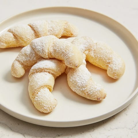 Close-up of freshly baked Quick Christmas Cookie Croissants, showing their flaky texture and almond aroma.
