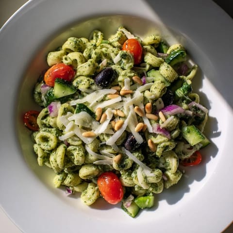 This Caesar Pesto Ditalini Salad features perfectly cooked pasta, creamy dressing, and Parmesan cheese shavings.