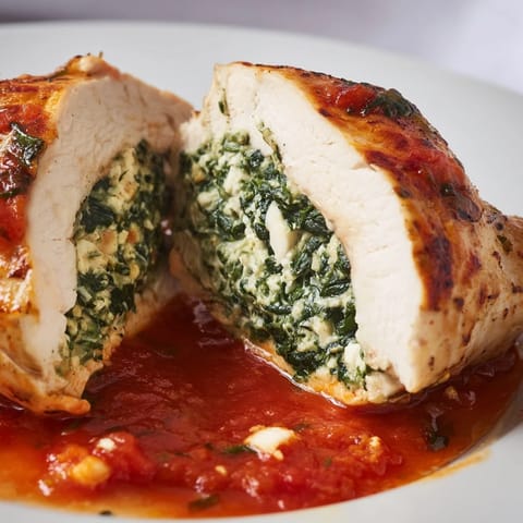 Creamy Spinach Ricotta Stuffed Chicken served hot, revealing the cheesy green filling inside sliced meat.