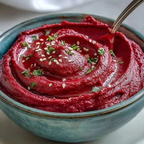Jewel-toned Roasted Beet Hummus with creamy texture, perfect for dipping.
