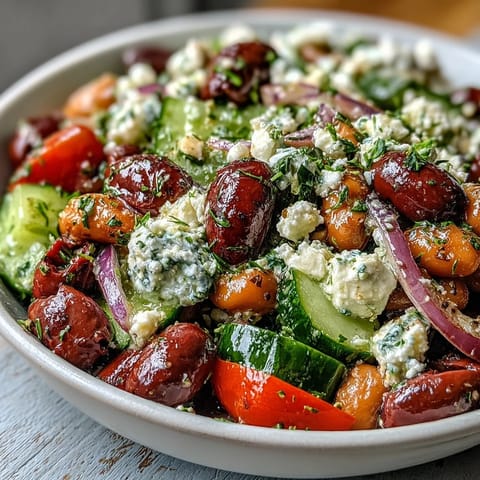 Bright marinated beans, crisp cucumber, and cherry tomatoes are tossed with olives and creamy feta cheese in a lemon-oregano dressing, ready to serve.