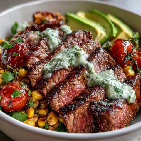 This Tex-Mex dinner features juicy steak, creamy avocado, and charred corn over fluffy rice, garnished with Cotija cheese and fresh cilantro leaves.