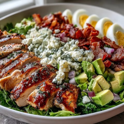 Crisp romaine and iceberg greens hold neat rows of diced tomatoes, crumbled blue cheese, and avocado in this hearty Cobb Salad Bowl with ranch.