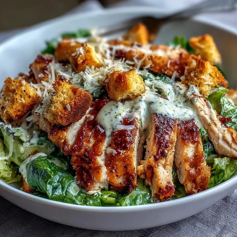 Tender sliced chicken over Caesar Chicken Bowl salad with parmesan and lemony dressing.