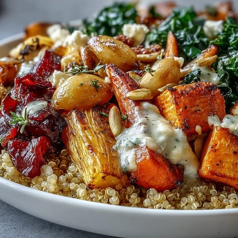A complete serving of the Hearty Winter Grain Bowl with sautéed kale and parsley, showing the contrast between warm grains and golden root vegetables.