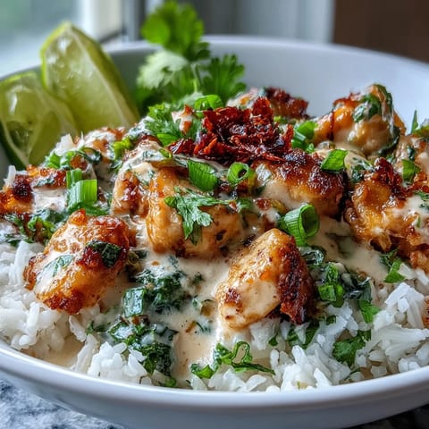 Tender diced chicken coated in rich coconut milk sauce spooned over steaming jasmine rice in a white bowl.