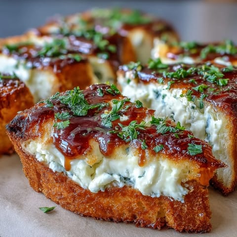 A close-up of warm Hot Honey Ricotta Garlic Bread on a wooden board, topped with fresh parsley and a glossy sweet-spicy glaze.