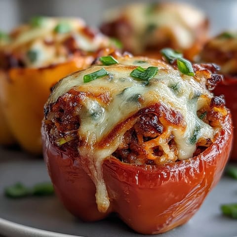 Bright red and yellow mini peppers roasted and filled with Korean-Style Turkey Stuffed Sweet Peppers, topped with bubbly golden mozzarella cheese.