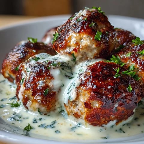 Six savory Creamy Garlic Ranch Turkey Meatballs in a skillet, surrounded by rich, garlicky cream sauce for dipping.