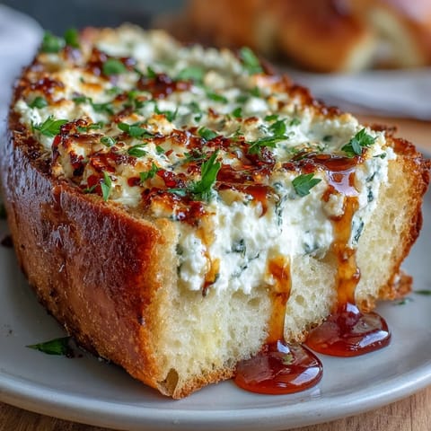 Slices of Hot Honey Ricotta Garlic Bread served warm, showing cheesy golden crust and vibrant red pepper flakes.