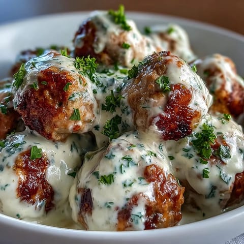 Golden-brown Creamy Garlic Ranch Turkey Meatballs coated in velvety garlic sauce garnished with fresh parsley.