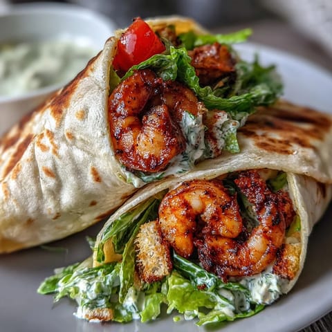 Freshly grilled shrimp and crisp romaine lettuce inside a soft tortilla for Grilled Shrimp Caesar Wraps.