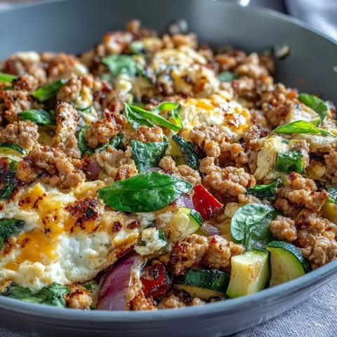 A steaming skillet of Keto Sausage and Veggie Breakfast Scramble with fluffy eggs, savory sausage, and bright bell peppers.