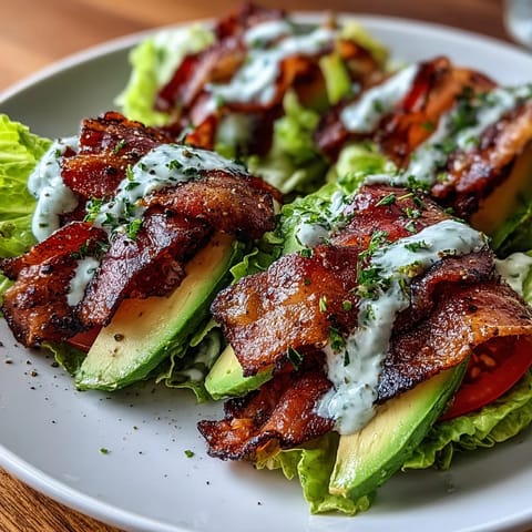 Fresh and flavorful Keto BLT Lettuce Wraps with Garlic Mayo and Cracked Pepper, showcasing layers of crispy bacon, ripe avocado, and sliced tomato, all wrapped in crunchy lettuce and finished with a bold garlic spread.