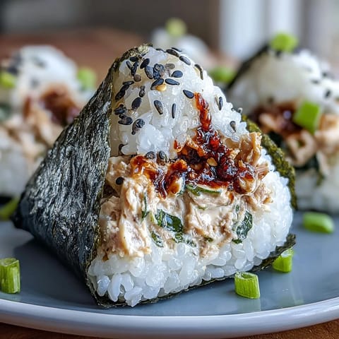 A handheld shot of homemade spicy tuna onigiri, showcasing the glossy rice and savory nori seaweed wrapping.  