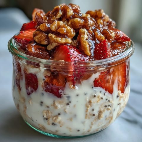 Overnight oats with strawberries walnuts