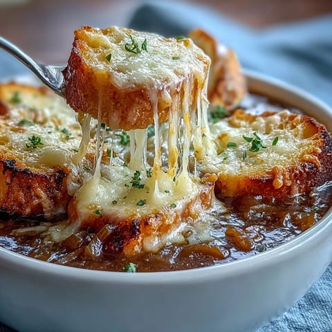 Hearty French onion soup with caramelized onions and melted Gruyere sourdough crostini, served steaming hot in rustic bowls.