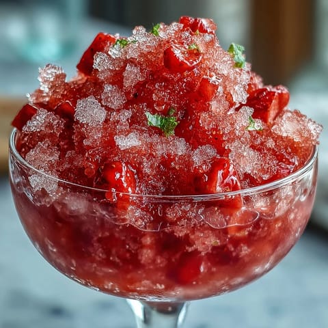 Strawberry Lime Daiquiri Granita Dessert Cups with vibrant red berries and fresh mint garnish.  