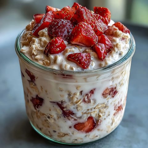 Creamy overnight oats with strawberries, banana, and chia seeds in a glass jar, ready for a nutritious breakfast.  