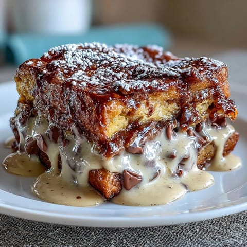 Warm chocolate croissant bread pudding with gooey melted chocolate baked into buttery pastry.