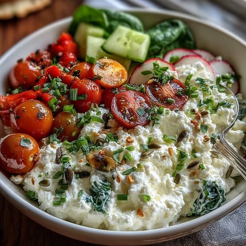 Protein-packed cottage cheese breakfast bowl loaded with colorful vegetables, fresh parsley, chives, and a sprinkle of toasted seeds for crunch and flavor.